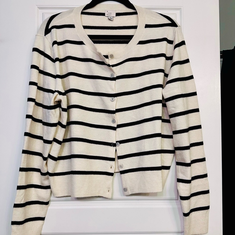 A New Day Black and White Striped Cardigan Sweater